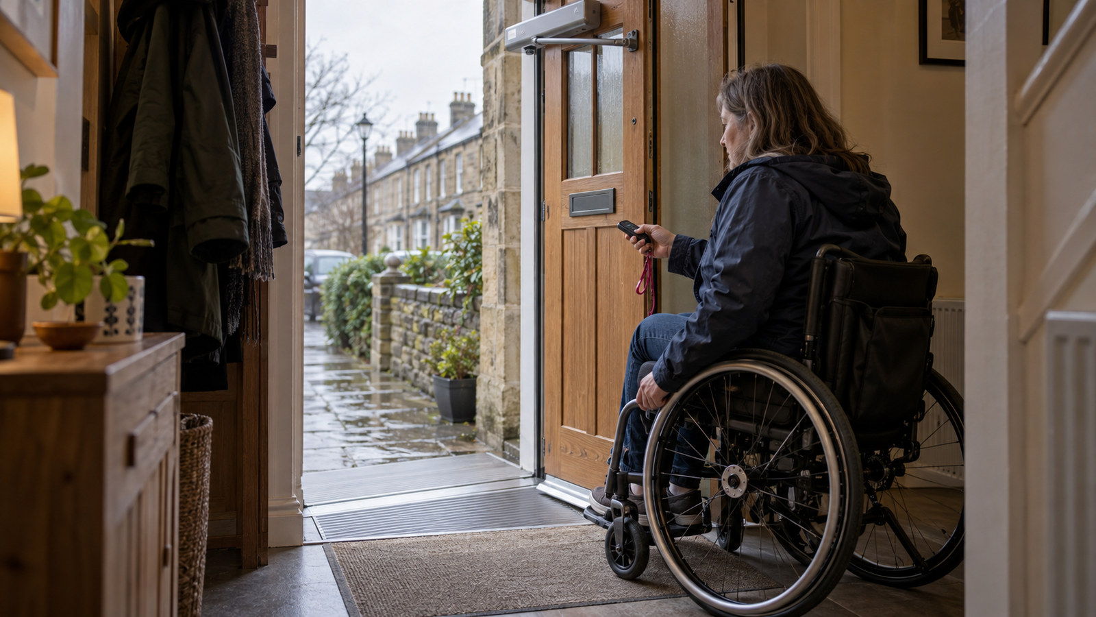 Wheelchair user operating a powered swing door at home