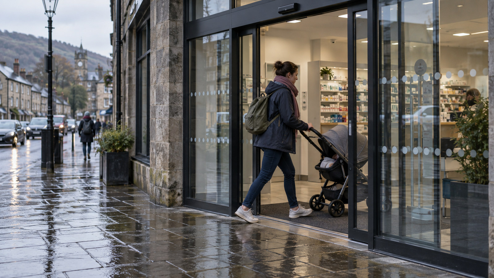 Parent pushing a buggy through automatic sliding doors on a wet high street
