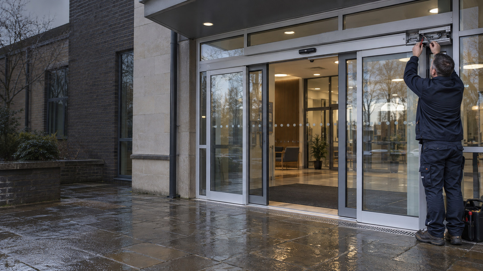 Automatic sliding entrance being commissioned at a northern civic building