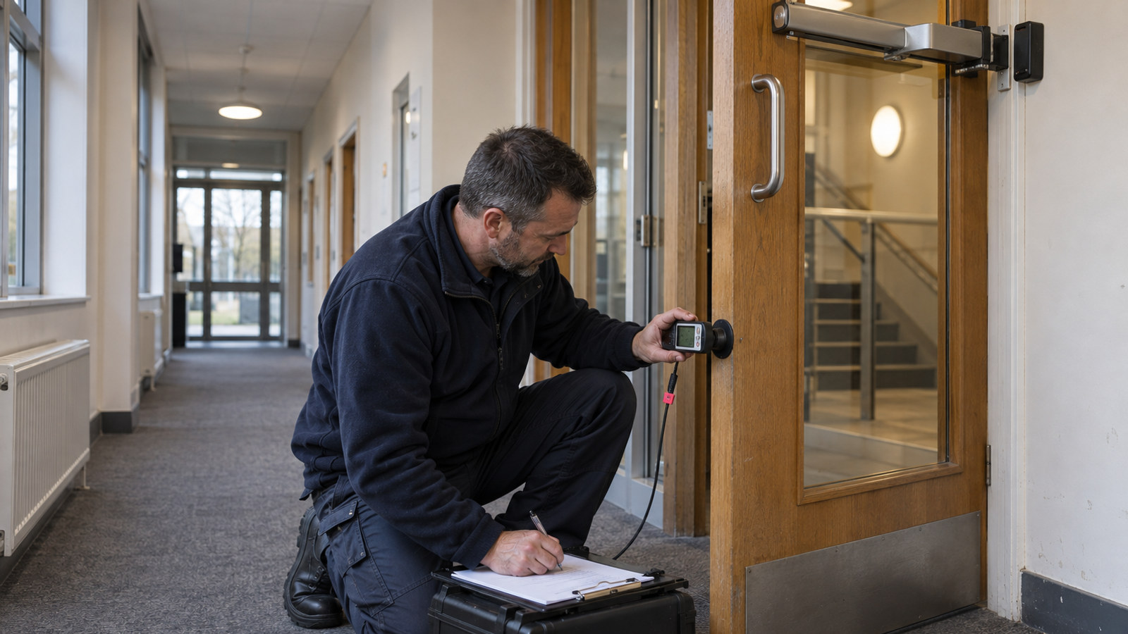 Engineer measuring door closing force and recording the result