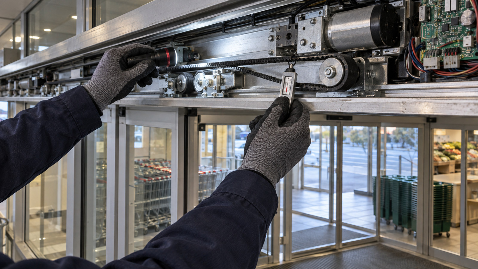 Engineer checking belt tension inside an automatic sliding door header
